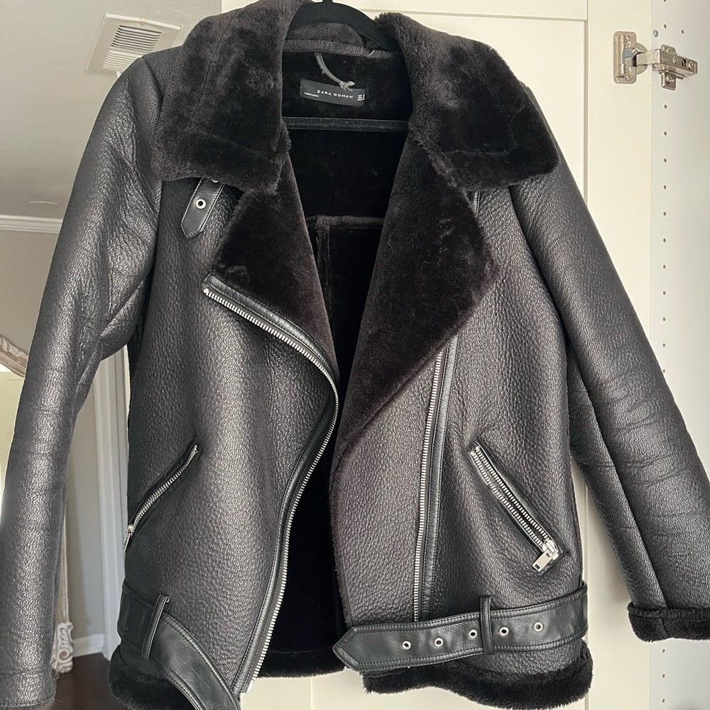 Zara Black Faux Leather Jacket with Shearling Collar